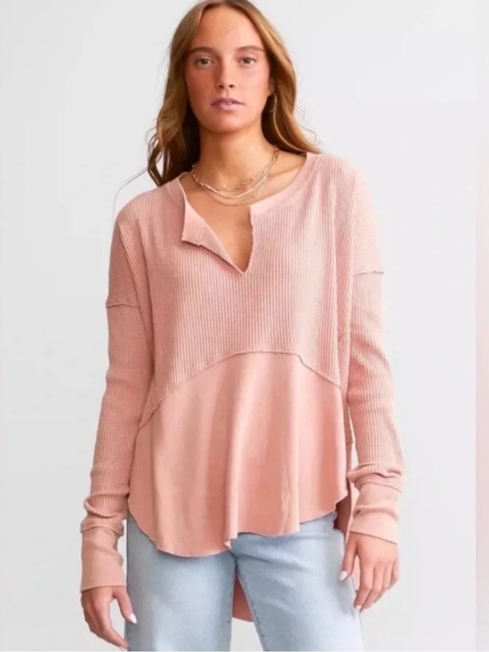 We The Free People Blush Pink Monterey Waffle Knit Thermal Top Large Oversized